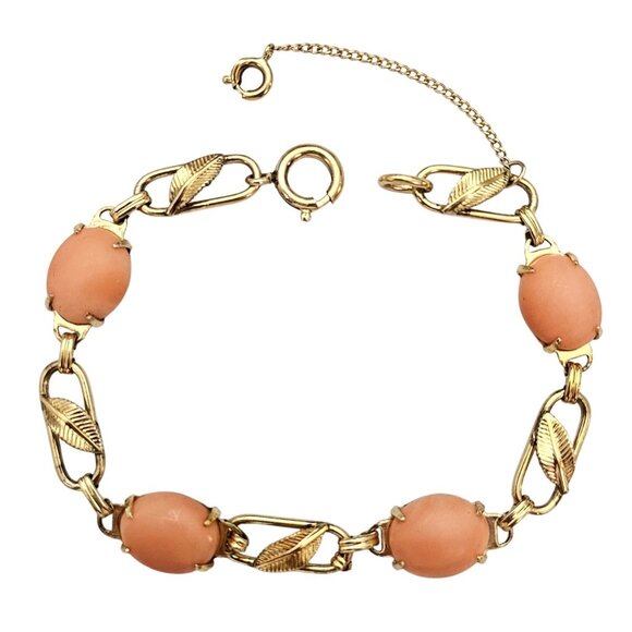 Gold Filled Coral Cabochon Chain Bracelet Leaf Paper Clip Oval Links C675 - Picture 2 of 10